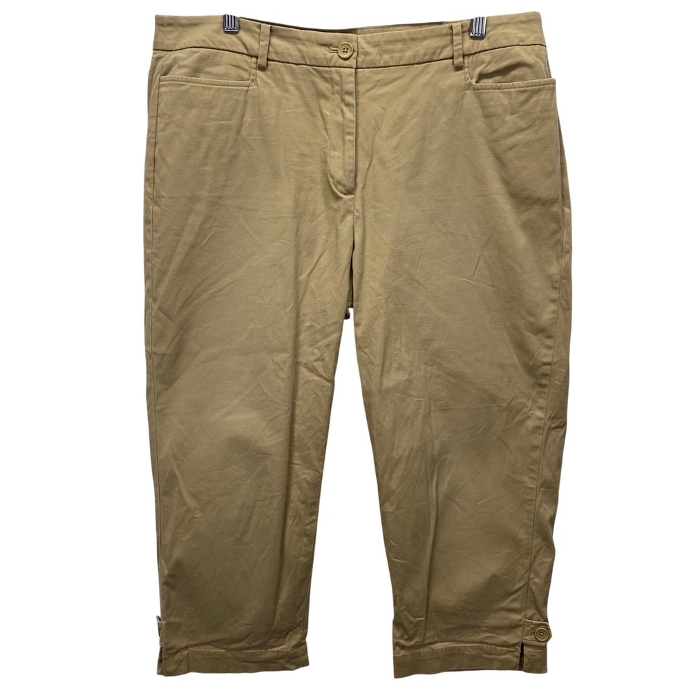 Talbots Perfect Skimmer Capris Tan Khaki Button Detail Women's Size 14 Stretch